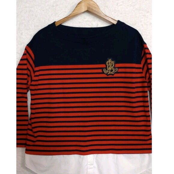 Lauren Ralph Lauren Striped Long Sleeve Top Red & Navy Blue Cotton - Picture 9 of 10